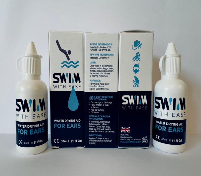 Clear Swim With Ease ear plugs in a 30ml container, designed for comfortable water protection during swimming.