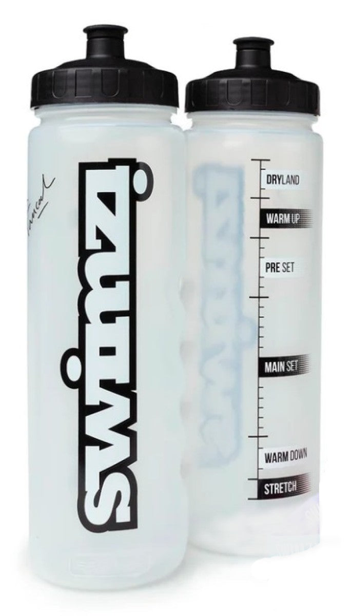Swimzi 1L water bottle with a clear plastic body and screw-top lid, designed for hydration during sports or outdoor activities.