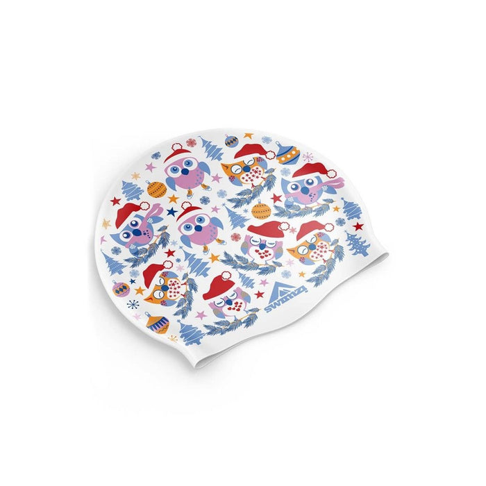 White Swimzi Christmas Owls swim cap featuring festive owl designs, ideal for swim hats and holiday swim sessions.