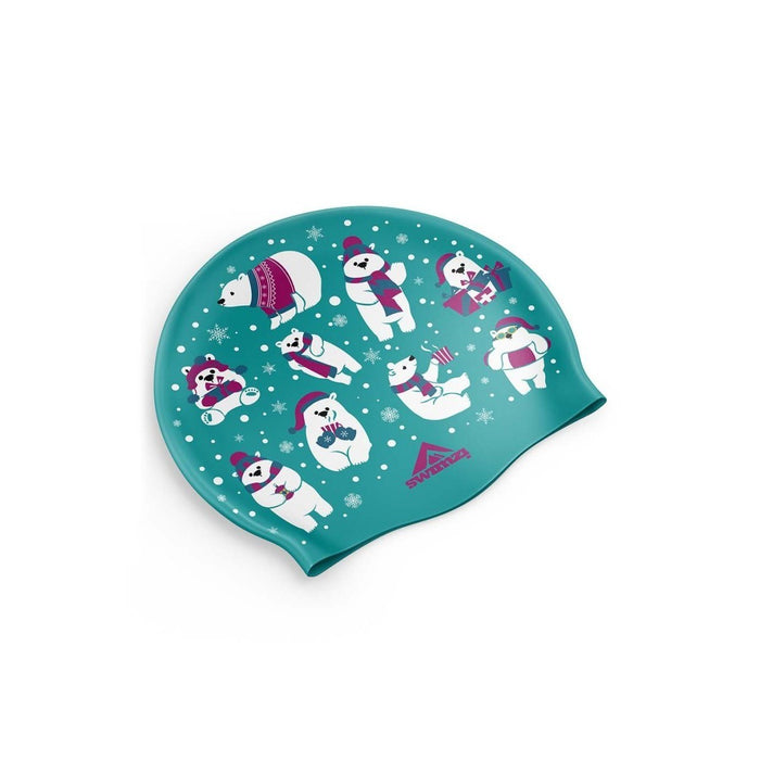 Swimzi Christmas Polar Bears teal swim cap featuring festive polar bear design, ideal for swimming and holiday fun.
