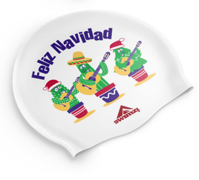 White Swimzi Christmas Feliz Navidad swim cap, waterproof silicone hat with festive holiday design for swimming.