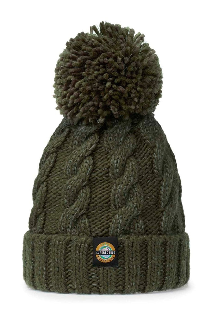 Green Swimzi Greenland Cable Super Bobble Hat with a cozy knit design, perfect for cold weather.