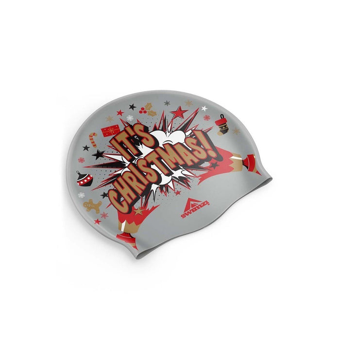 Silver Christmas swim cap by Swimzi featuring festive holiday design, made for comfortable, stylish swimming.