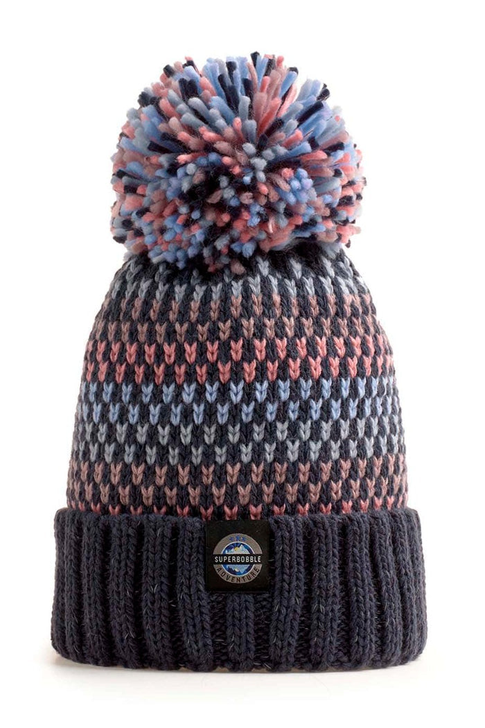 Swimzi Pink Sapphire Nordic knit super bobble hat with colorful patterns, warm and cozy for cold weather.