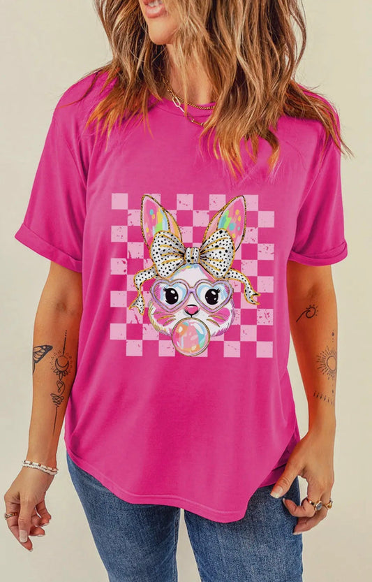 T-shirt - Plaid Bunny Bubble Gum Easter Graphic, Pink, Also Plus Size