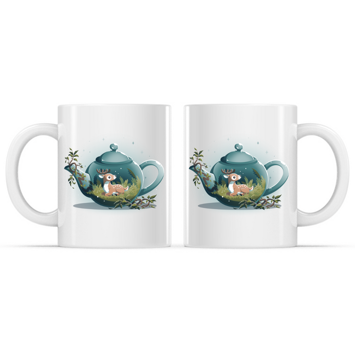 Ceramic Mug_TeeTurtle Tea Pot Den Mug white mug featuring a cozy teal teapot with a resting deer nestled among grass and ferns inside, surrounded by leafy vines and twinkling stars in a whimsical woodland scene.