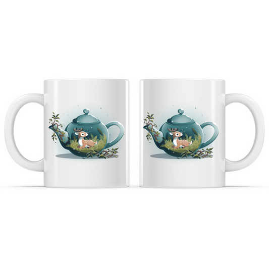 Ceramic Mug_TeeTurtle Tea Pot Den Mug white mug featuring a cozy teal teapot with a resting deer nestled among grass and ferns inside, surrounded by leafy vines and twinkling stars in a whimsical woodland scene.