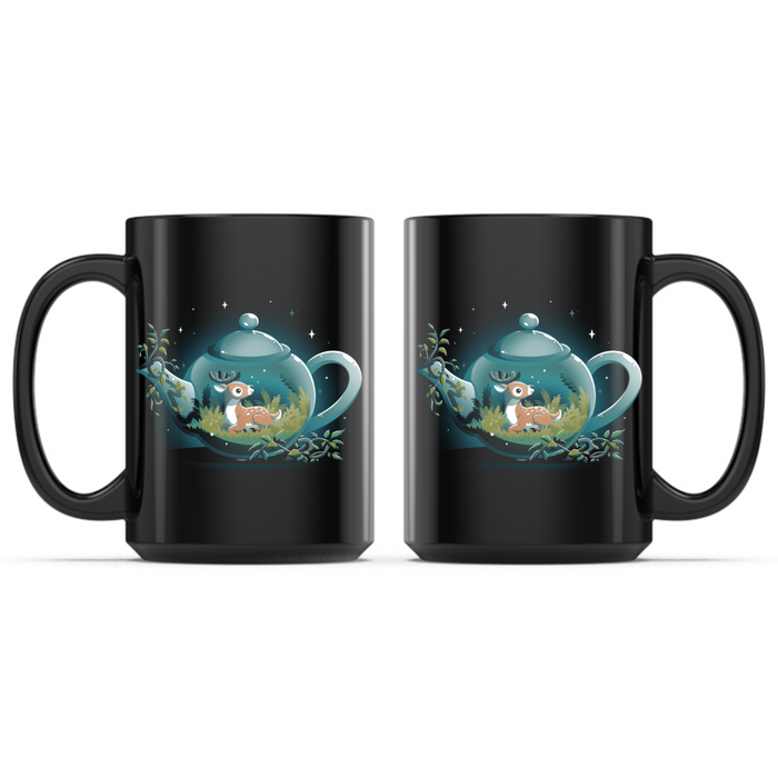 Ceramic Mug_TeeTurtle Tea Pot Den Mug black mug featuring a cozy teal teapot with a resting deer nestled among grass and ferns inside, surrounded by leafy vines and twinkling stars in a whimsical woodland scene.