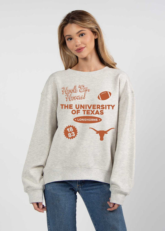 Texas Longhorns Women's Ash-Grey Relaxed Heavyweight Fleece Sweatshirt with Dropped shoulders, crew neckline, back center seam and ribbed neckline, cuffs and hem