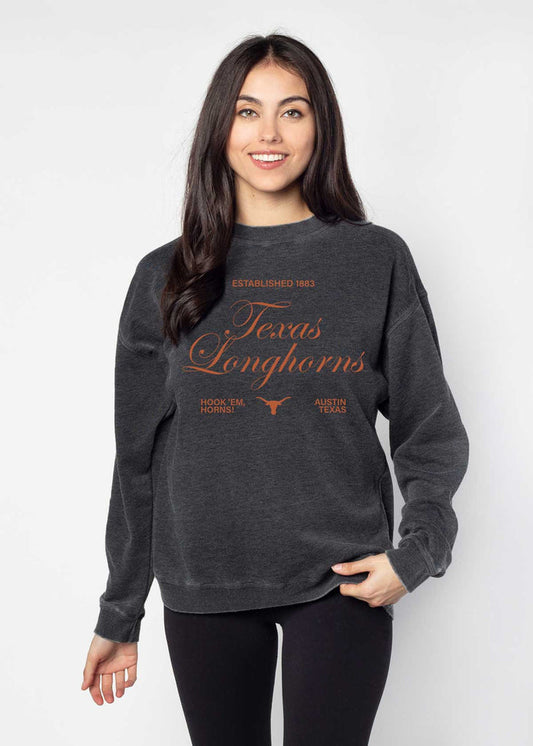 Texas Longhorns Unisex Charcoal Oversized Burnout fleece Sweatshirt with Ribbed crew neckline, cuffs, hem, dropped shoulders and relaxed bottom hem