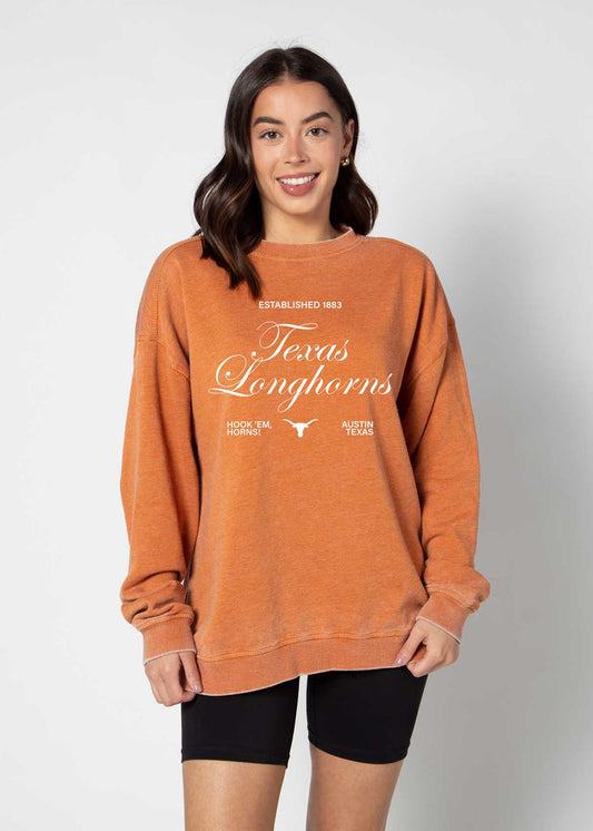 Texas Longhorns Unisex Burnt-Orange Oversized Burnout fleece Sweatshirt with Ribbed crew neckline, cuffs, hem, dropped shoulders and relaxed bottom hem