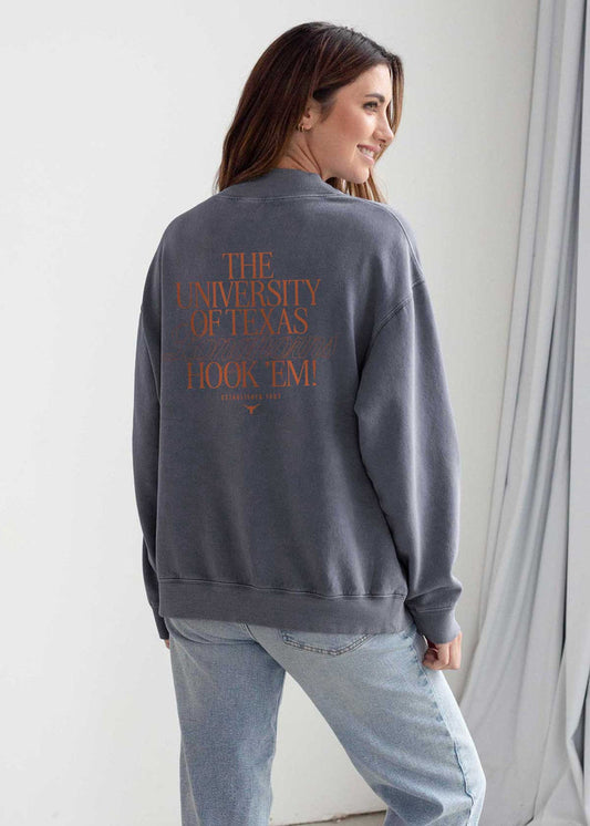 Texas Longhorns Women's Smoke Oversized Salt wash fleece Sweatshirt with Mock neck, worn out look, long sleeves and ribbed neckline, cuffs and hem