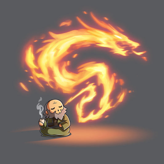 Premium Cotton T-shirt_TeeTurtle charcoal gray The Dragon of the West Premium Cotton T-shirt featuring Iron from Avatar: The Last Airbender who is sitting peacefully on the floor drinking tea and exhaling fire in the shape of a dragon.