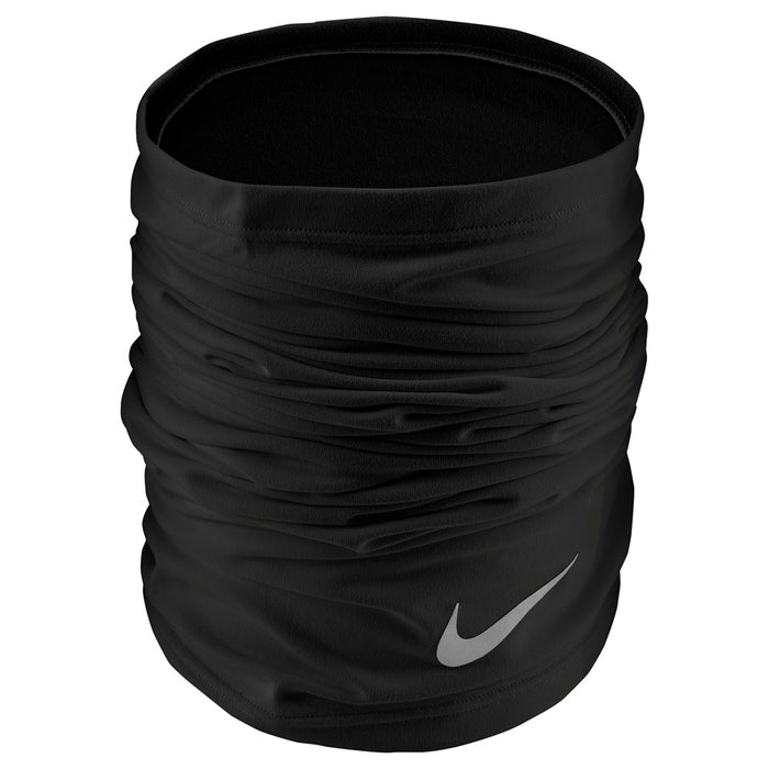 Nike Therma Fit Wrap 2.0 black scarf designed for warmth, made by Nike, shown in a close-up image.