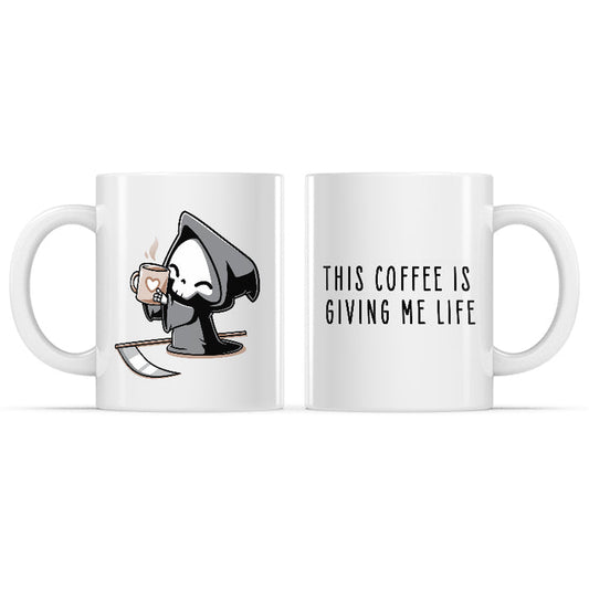 Ceramic Mug_TeeTurtle This Coffee Is Giving Me Life white mug featuring the Grim Reaper holding up a cup of coffee.