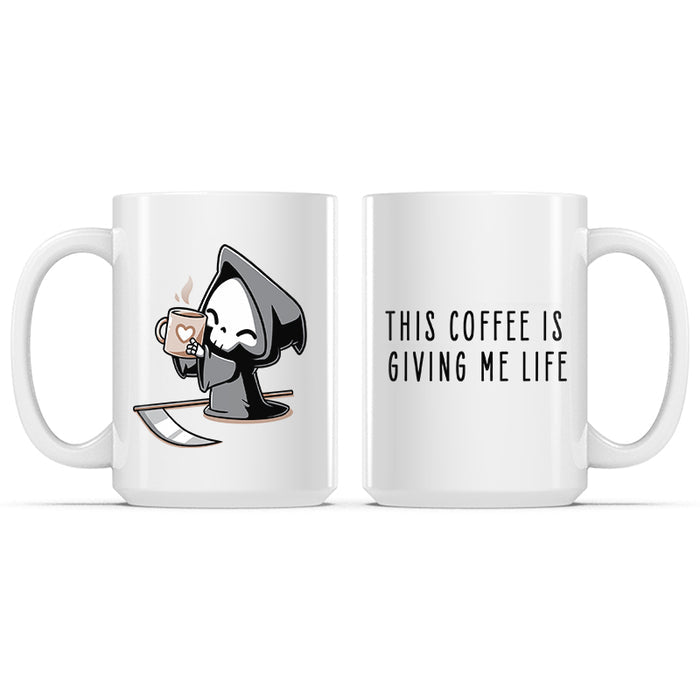 Ceramic Mug_TeeTurtle This Coffee Is Giving Me Life white mug featuring the Grim Reaper holding up a cup of coffee.
