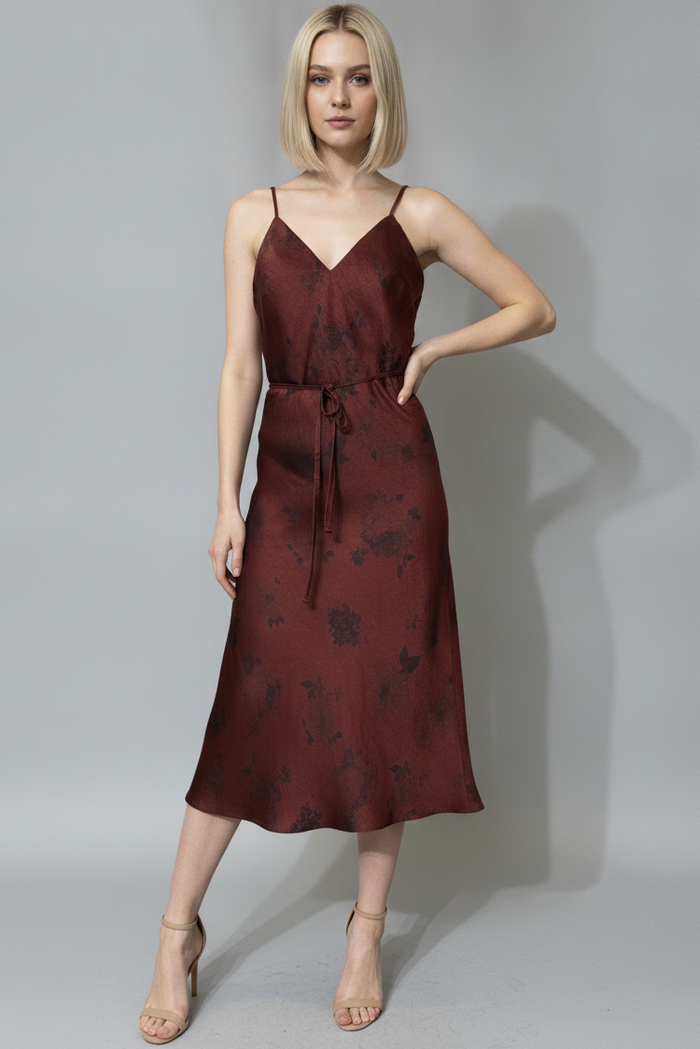 Tie Waist Printed Satin Dress