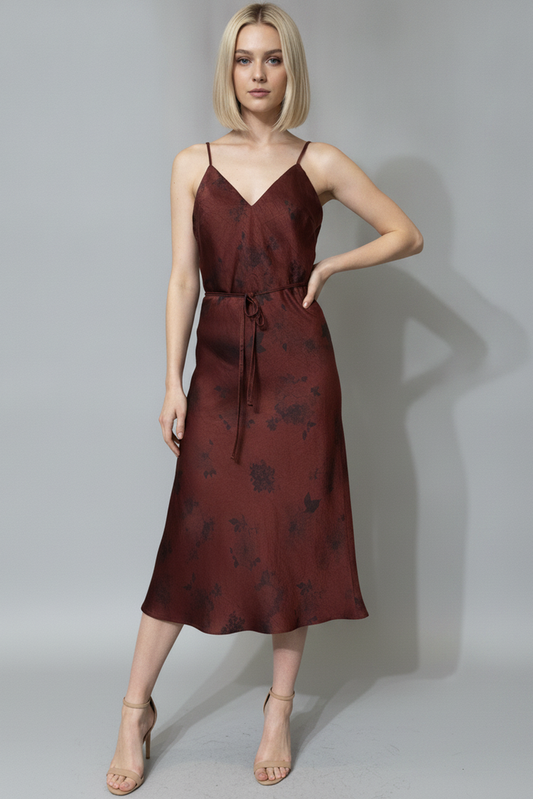 Tie Waist Printed Satin Dress