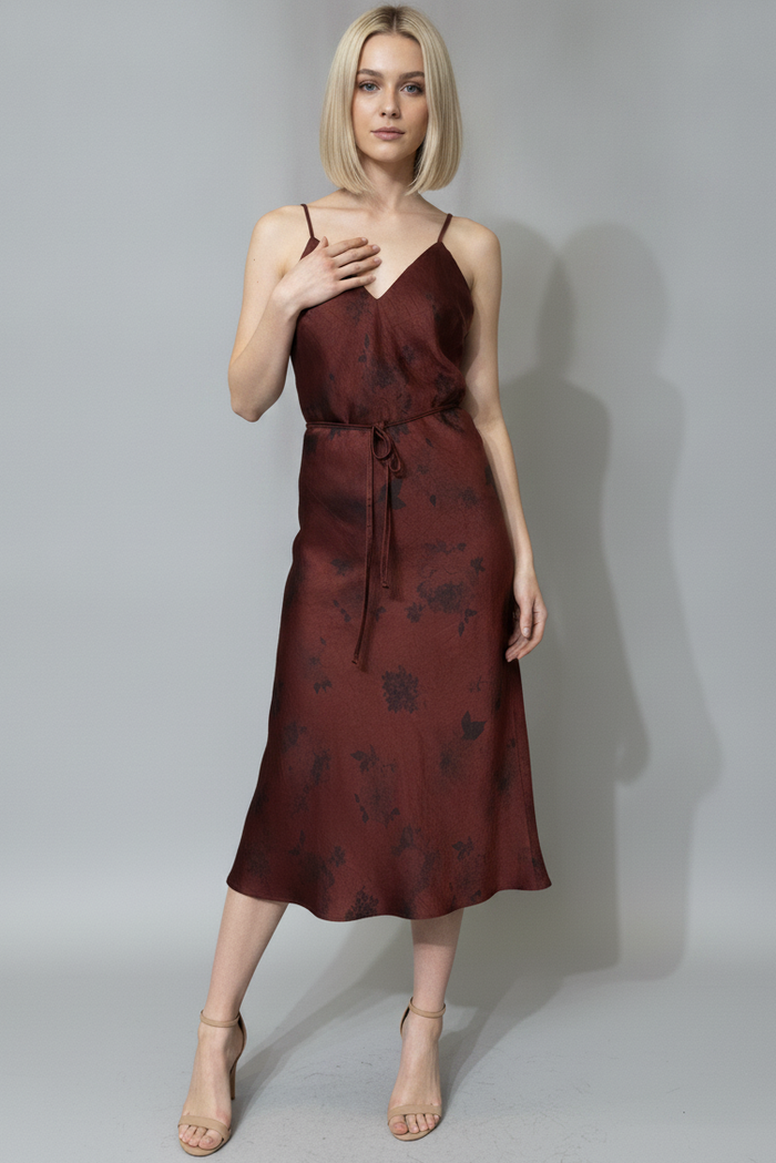 Tie Waist Printed Satin Dress