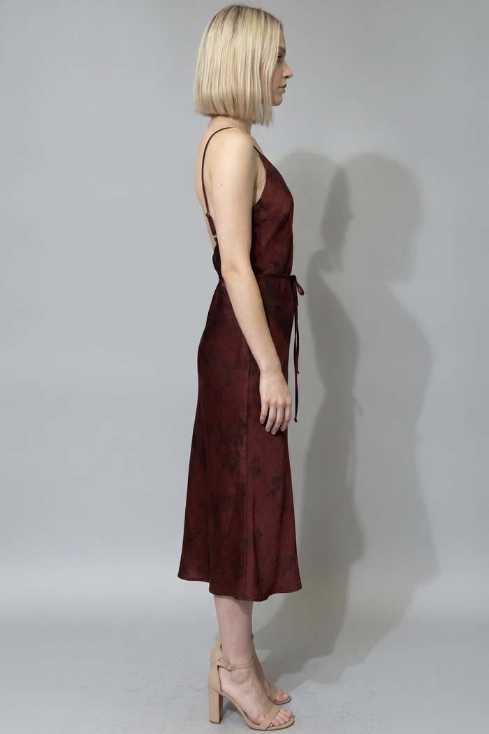 Tie Waist Printed Satin Dress