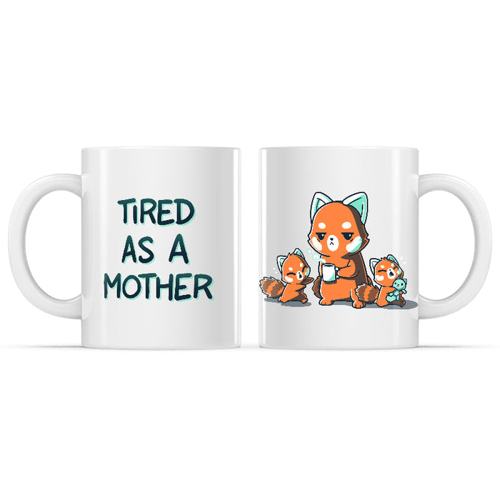 Ceramic Mug_TeeTurtle Tired As a Mother white mug featuring a tired mother red panda with two red panda cubs being unruly.