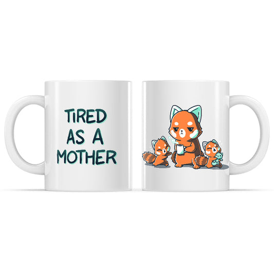 Ceramic Mug_TeeTurtle Tired As a Mother white mug featuring a tired mother red panda with two red panda cubs being unruly.