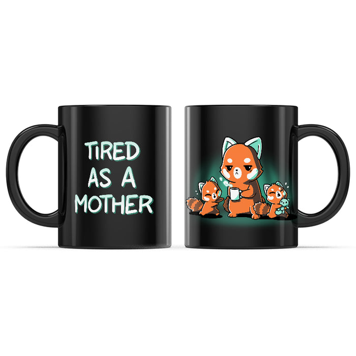 Ceramic Mug_TeeTurtle Tired As a Mother black mug featuring a tired mother red panda with two red panda cubs being unruly.