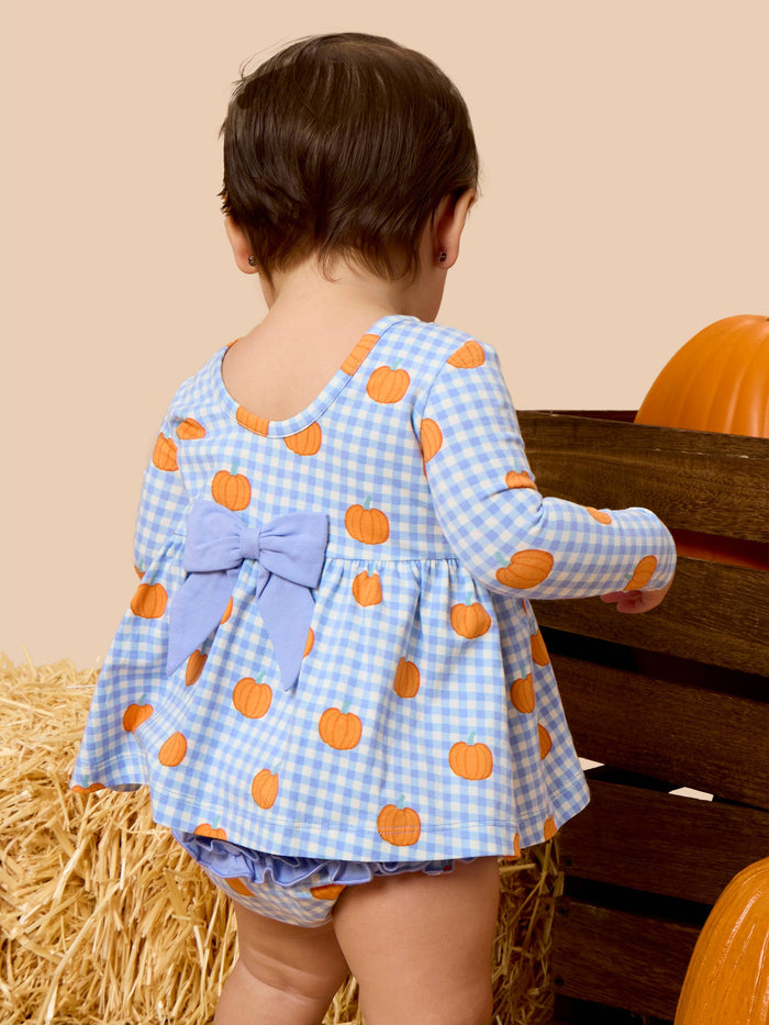 Top Bloomer Set Baby Pumpkin Patch Gingham Knit Long Sleeve Twirl Top & Ruffle Bloomer Girls