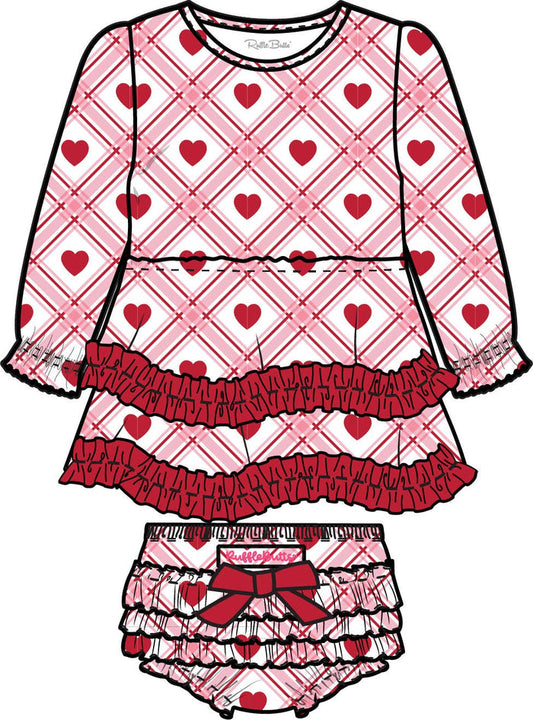 Top & Bloomer Set Pink Sweetheart Plaid Cotton Gauze Long Sleeve Tiered Ruffle Swing Baby Girls