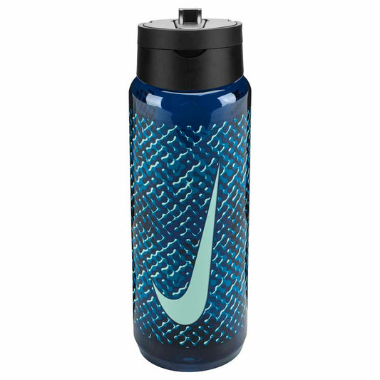 Nike TR Renew Recharge 24oz water bottle with blue, black, green, and mint graphic design, featuring a straw for easy hydration.