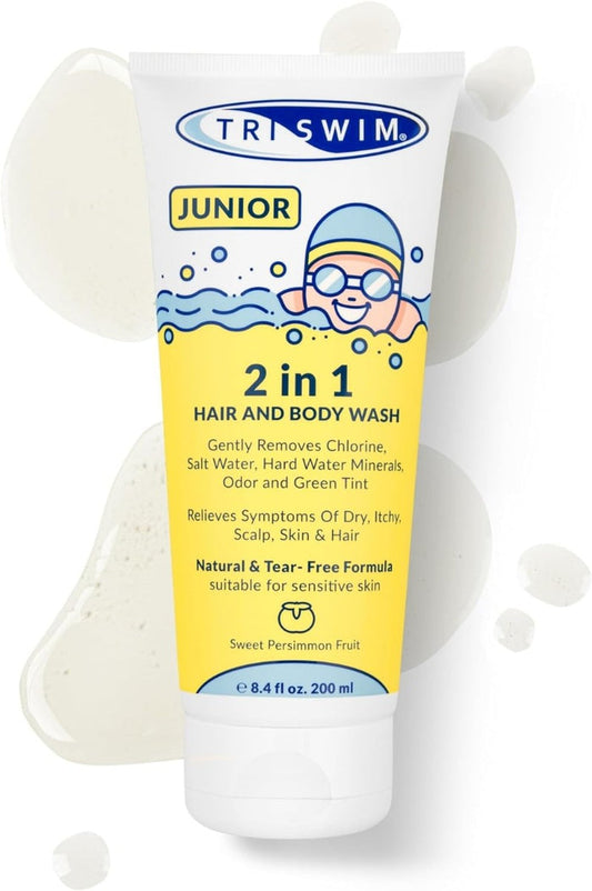 Triswim Junior Hair and Bodywash 200ml bottle featuring sweet persimmon fruit scent for gentle self-care and recovery.