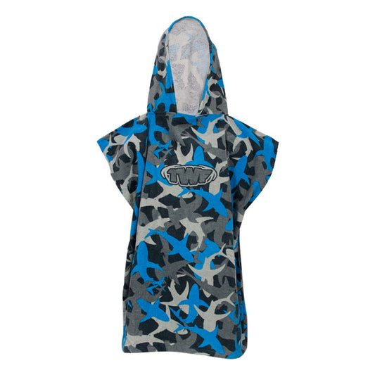 TWF Kids navy hooded towel robe with shark design, soft and absorbent for drying after swimming or bath time.