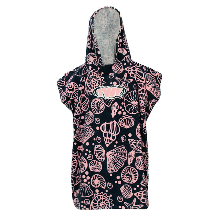 Kids hooded towel robe by TWF featuring seashells design, perfect for drying off after swimming or bathing.