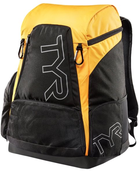Black TYR Alliance 45L backpack with multiple compartments, adjustable straps, and durable material for sports and outdoor activities.