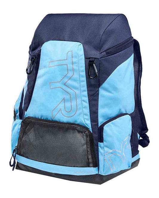 TYR Alliance 45L backpack in light blue and navy with multiple compartments and adjustable straps for swimming and outdoor activities.