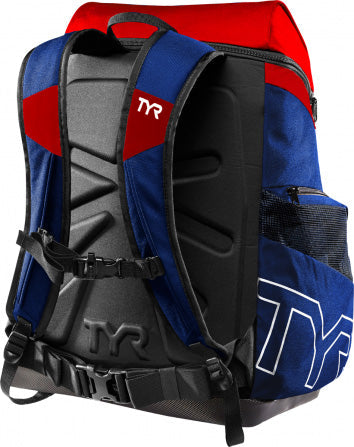 TYR Alliance 45L Backpack in black with adjustable shoulder straps and multiple compartments for sports and travel storage.