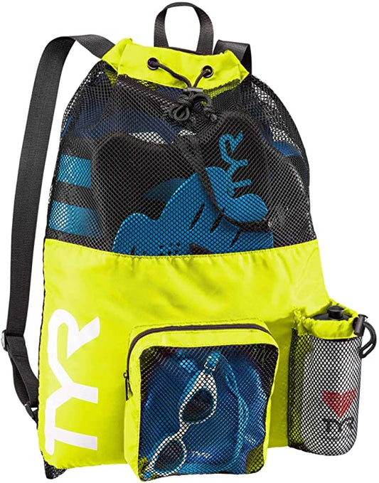 Yellow TYR Big Mesh Mummy Backpack, a large breathable mesh bag with padded straps, ideal for swimming gear or sports equipment.