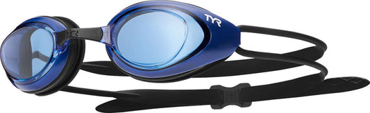 TYR Black Hawk racing goggles in blue with adjustable straps and clear lenses, designed for competitive swimming.