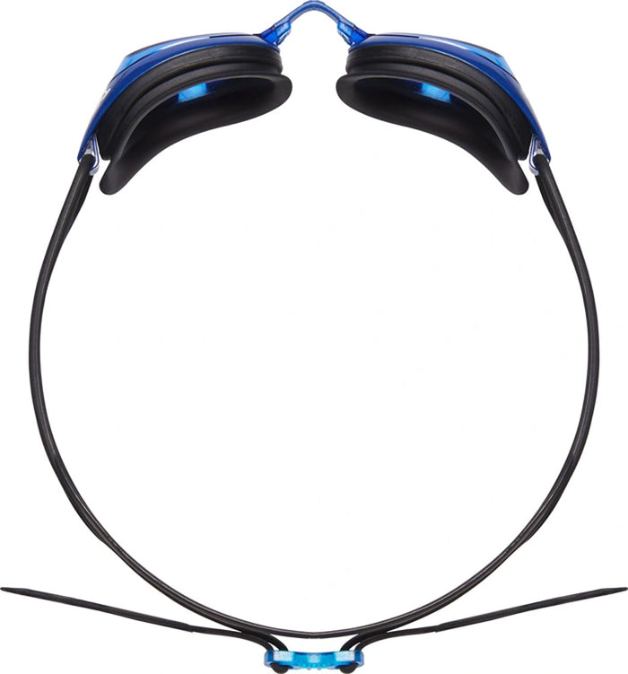 TYR Black Hawk racing goggles in blue with adjustable straps and clear lenses, designed for competitive swimming.