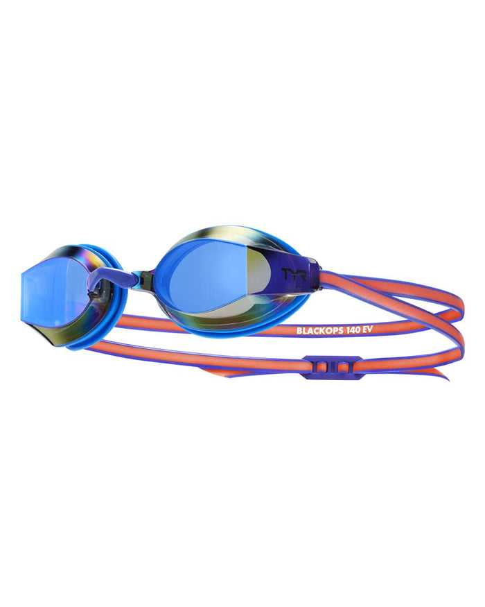 TYR Blackops 140 EV female fit mirror racing goggles in blue and coral, with reflective lenses and adjustable strap.
