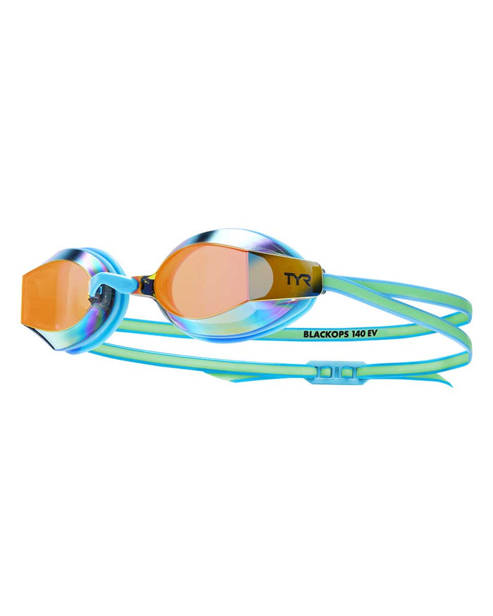 TYR Junior Blackops 140 EV mirror racing goggles in orange and green with reflective lenses and adjustable strap.