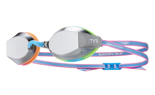 TYR Junior Blackops 140 EV mirror racing goggles with black frame and mirrored lenses for competitive swimming.