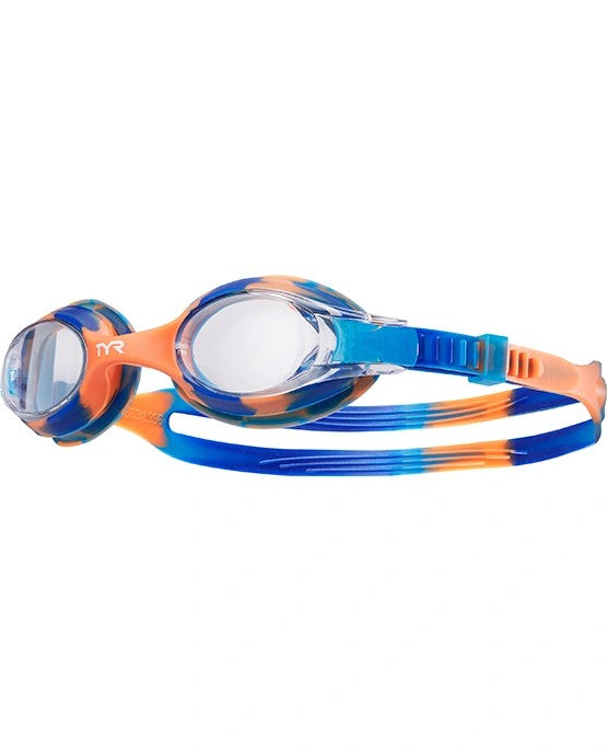 TYR Junior Swimple tie-dye swimming goggles in blue and orange, with adjustable straps and clear lenses for young swimmers.