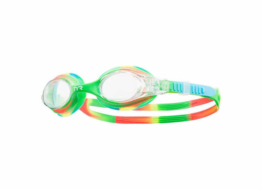 TYR Junior Swimple tie-dye goggles with clear, green, and orange lenses for kids' swimming.
