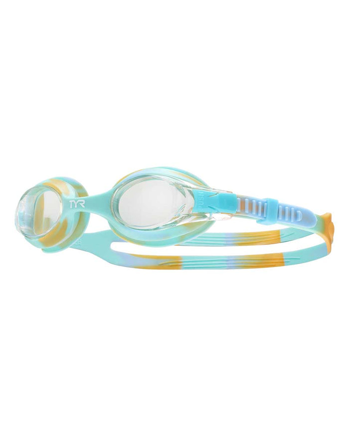 TYR Junior Swimple Tie Dye Goggles in orange and blue with colorful tie dye pattern, designed for young swimmers.