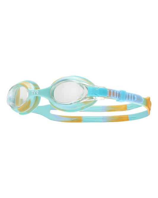 TYR Junior Swimple Tie Dye Goggles in orange and blue with colorful tie dye pattern, designed for young swimmers.