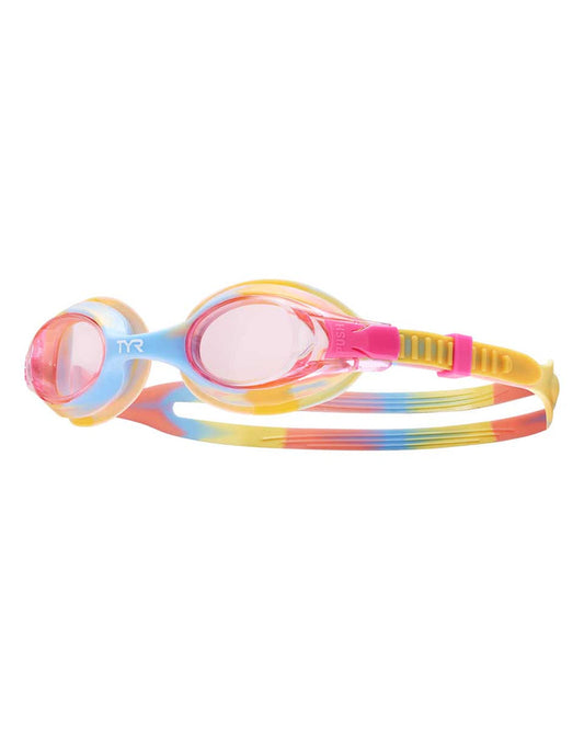 TYR Junior Swimple tie-dye goggles in pink, orange, and yellow for kids, featuring adjustable swim goggles with colorful tie-dye pattern.