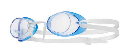 TYR Socket Rockets 2.0 swimming goggles in clear and translucent blue with adjustable straps and soft silicone seals.