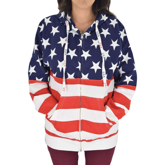Womens Patriotic Stars Hoodie Navy with Full Zip - theflagshirt