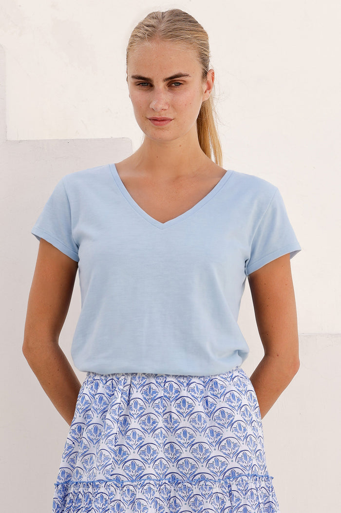 V-Neck Cotton T-shirt | Cornflower